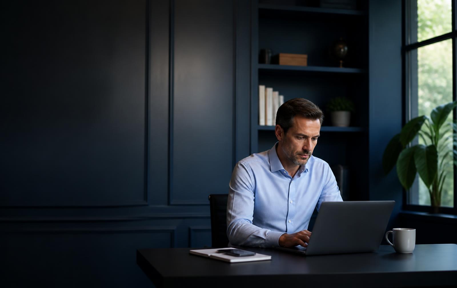 Technical support professional using a laptop in a modern office